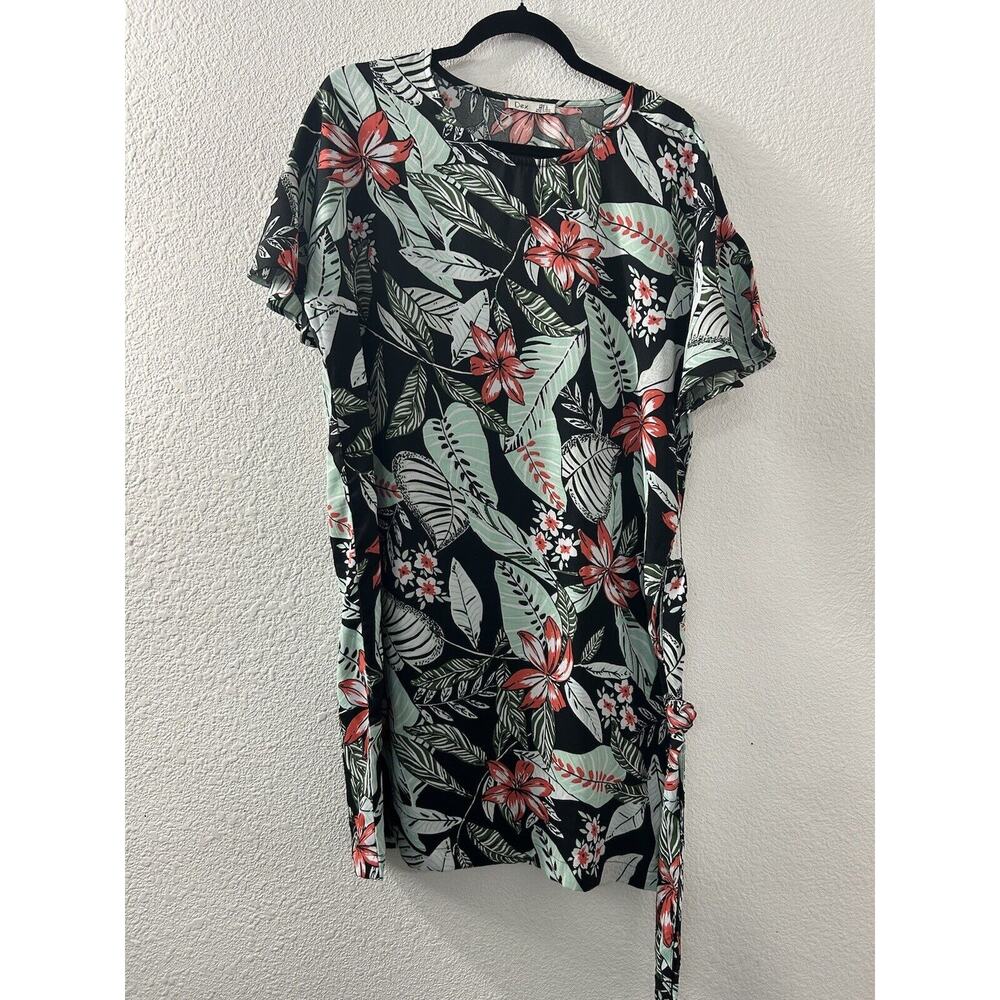 DEX Tunic‎ Shirt Dress Hawaiian Floral Short Sleeve Tie Size L Beach Summer